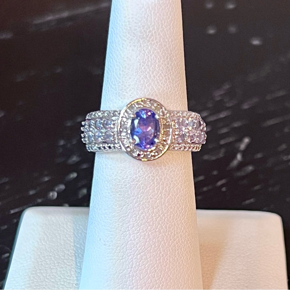 QVC Sterling Silver Ring – Purple CZ with White Side Stones – Size 6